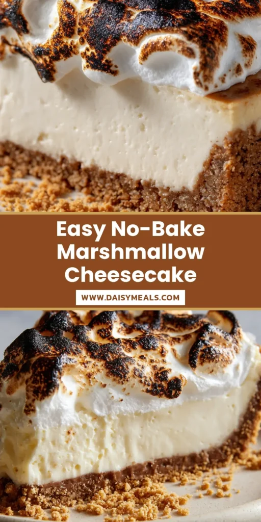 A towering slice of No-Bake Marshmallow Cheesecake with heavily toasted peaks and scattered graham cracker crumbs.