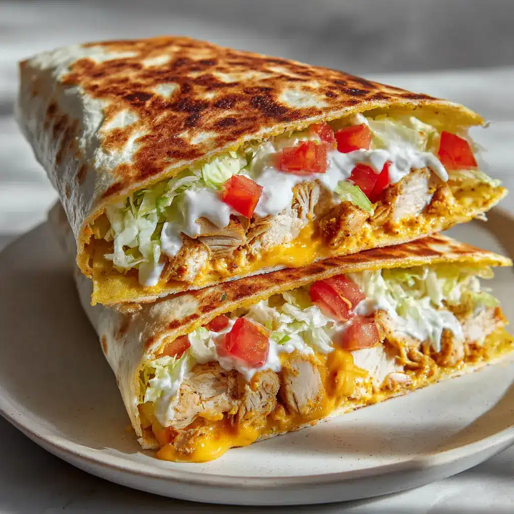 The Ultimate Healthy Chicken Crunch Wrap 2 A close-up view of a homemade chicken crunch wrap cut in half to reveal perfectly stacked physical layers on a white plate.
