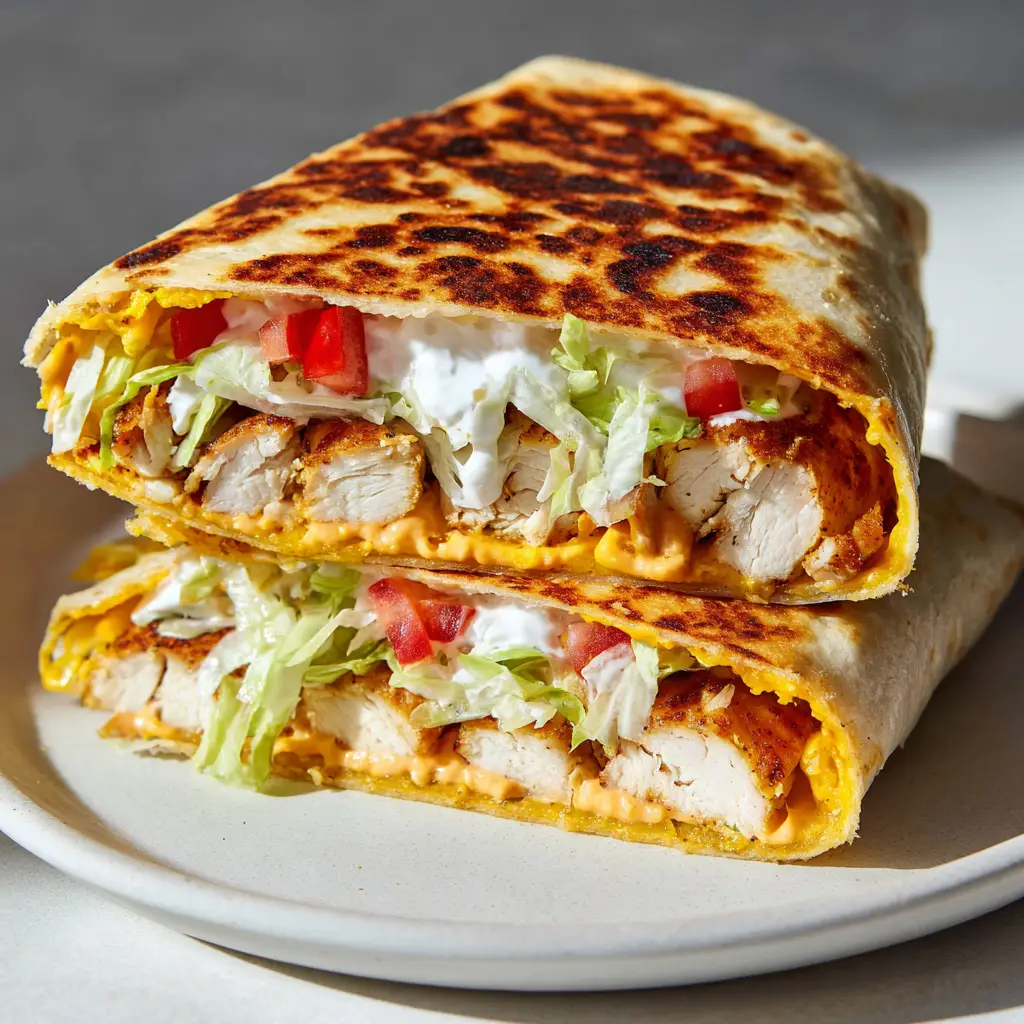 The Ultimate Healthy Chicken Crunch Wrap 1 A golden-brown toasted flour tortilla folded in a tight hexagonal pattern with light pan-seared char marks.
