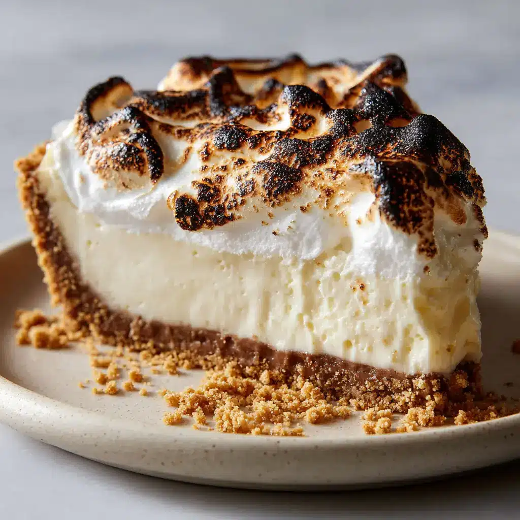 Close up of the swooping marshmallow fluff heavily toasted with dark brown and black charred peaks atop a creamy cheesecake base.