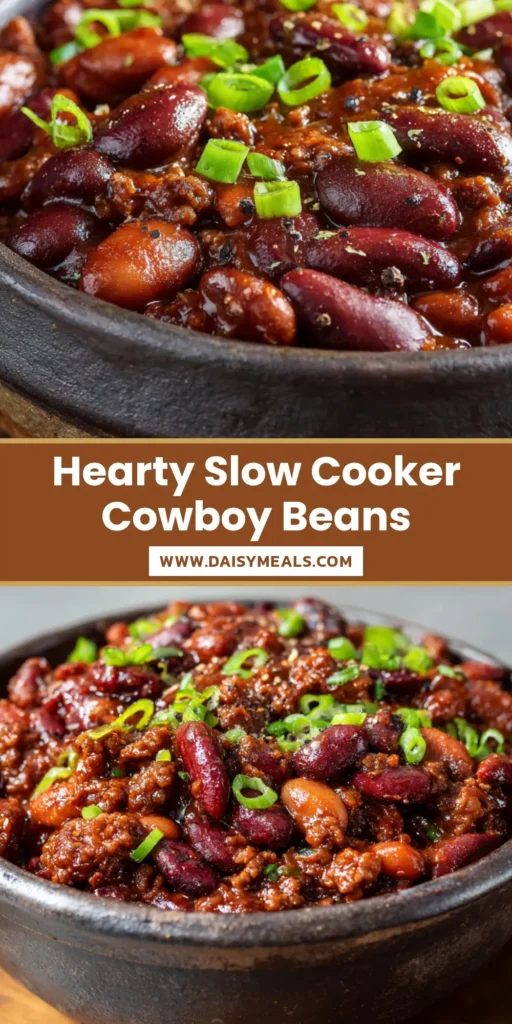A rustic dark ceramic bowl filled with highly textured slow cooker cowboy beans, featuring a thick, glossy, dark reddish-brown barbecue sauce clinging to browned crumbled ground beef, pinto beans, and kidney beans, garnished with fresh green onions and cracked black pepper.