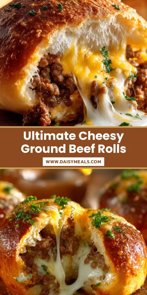 The Ultimate Cheesy Ground Beef Stuffed Rolls Recipe 3 Extreme close-up of Cheesy Ground Beef Stuffed Rolls, sliced open to reveal a delicious filling of seasoned beef and gooey stretching mozzarella cheese.