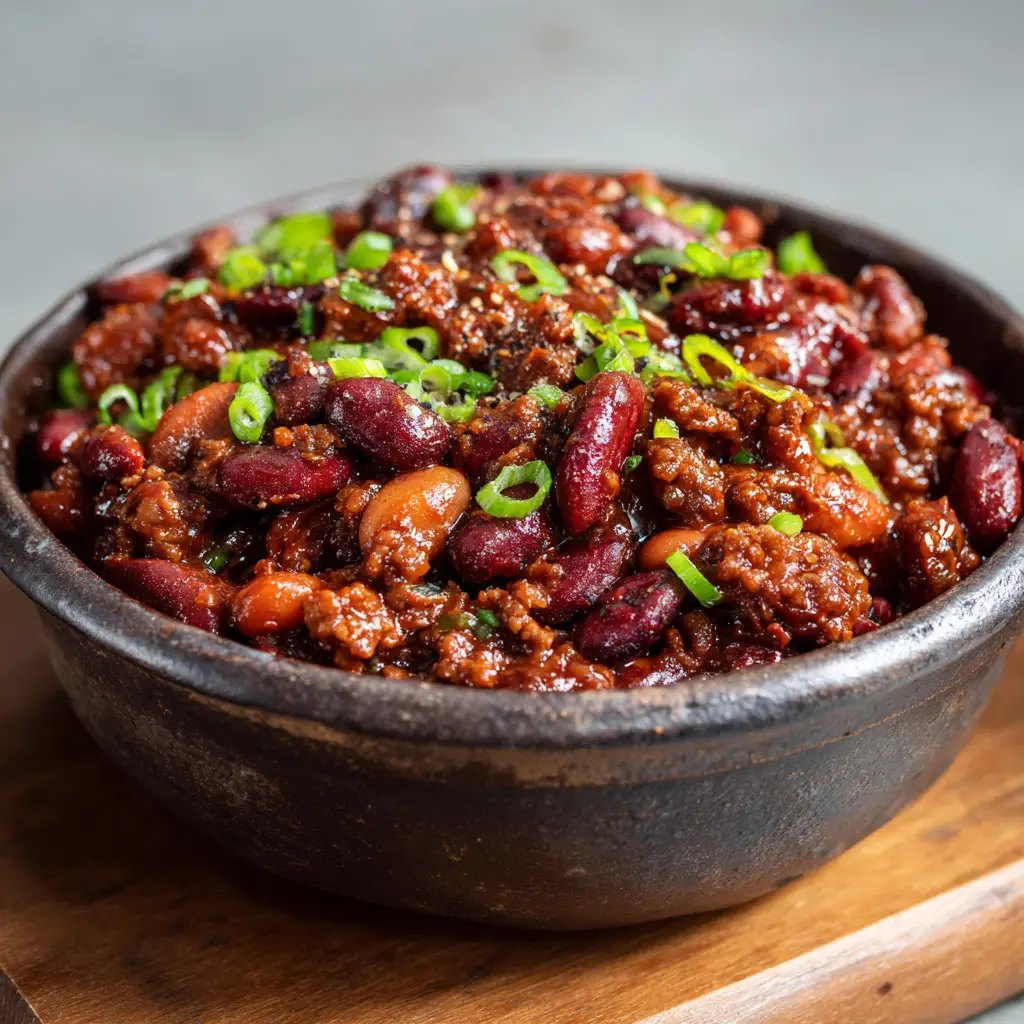 Close-up view of slow cooker cowboy beans heavily loaded with plump beans and beef in a thick, glossy tomato-based sauce, topped with chopped crisp green onions.
