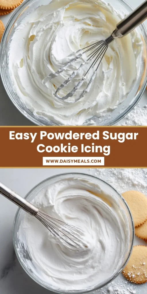 The Ultimate Thick & Glossy Powdered Sugar Frosting 4 Top-down view of a clear glass mixing bowl filled with thick, glossy, opaque white powdered sugar frosting and a silver wire whisk.