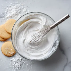 A silver wire whisk resting inside a clear glass bowl with thick ribbons of smooth white Powdered sugar frosting dripping off the tines.