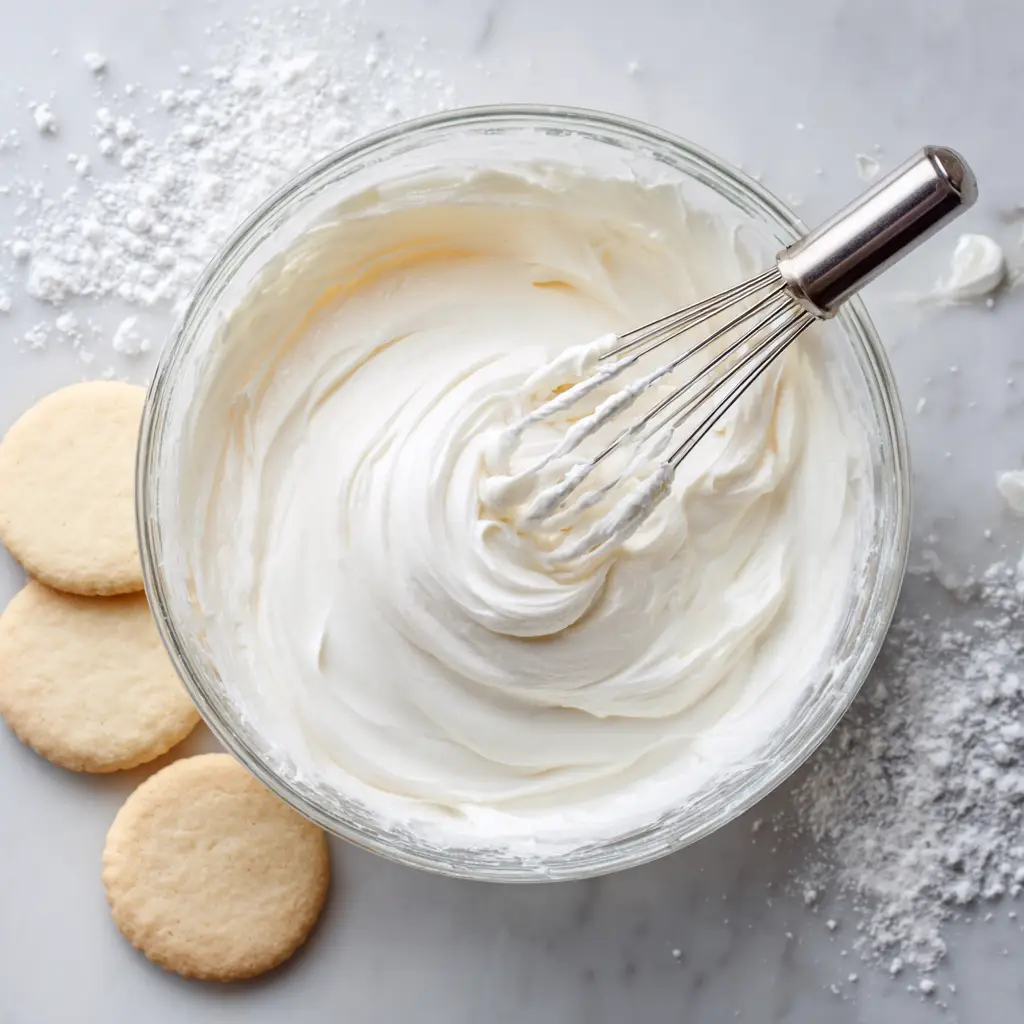 The Ultimate Thick & Glossy Powdered Sugar Frosting 1 Plain round baked sugar cookies on a light grey marble countertop next to a bowl of opaque white confectioners sugar frosting.