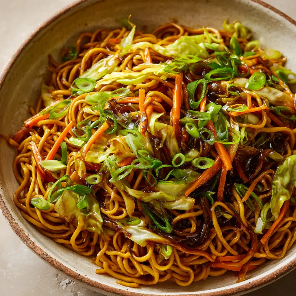 A shallow ceramic bowl filled with freshly wok-tossed chow mein topped with vibrant green chopped scallions.