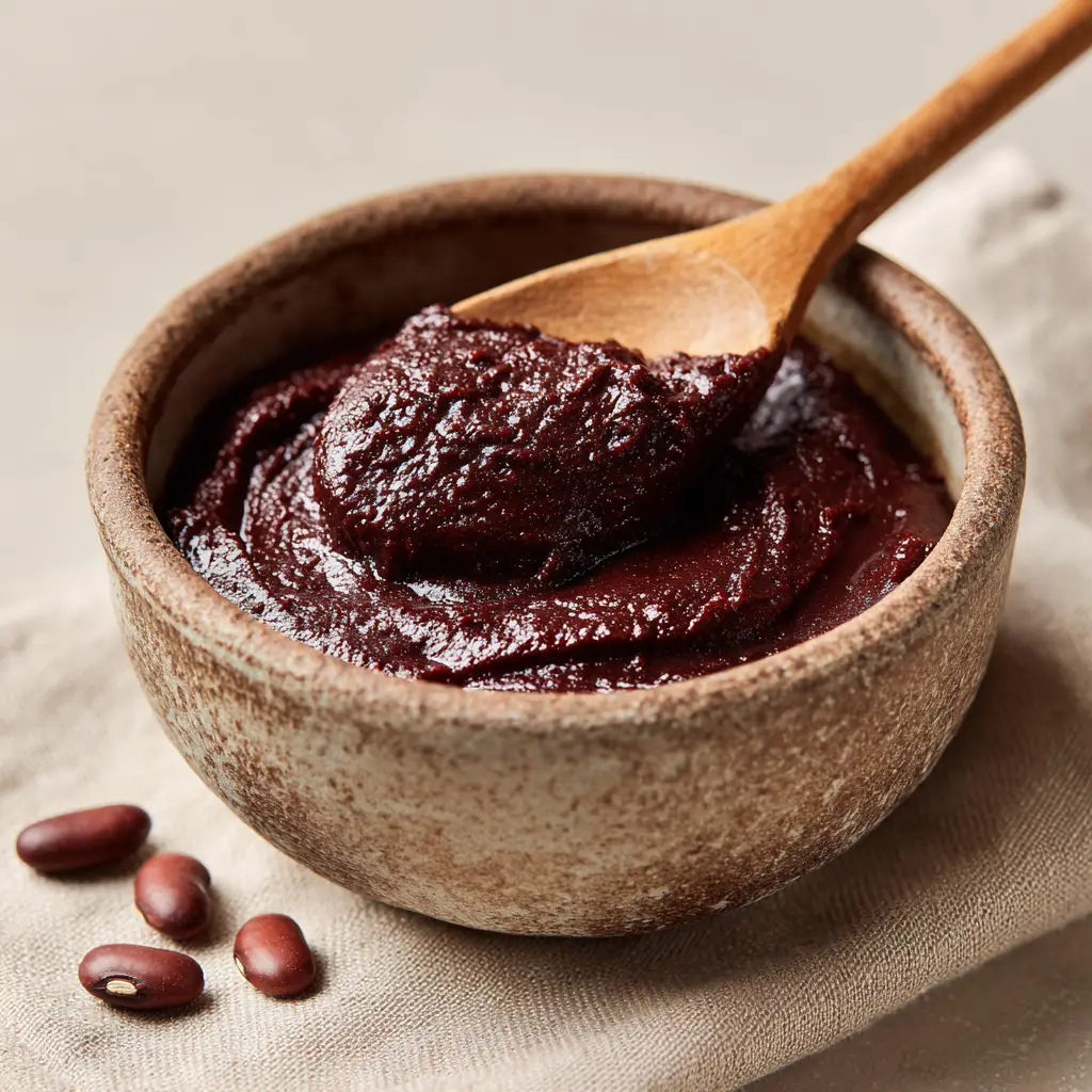Thick glossy dark burgundy red bean paste inside a rustic ceramic bowl with a wooden spoon holding a scoop.