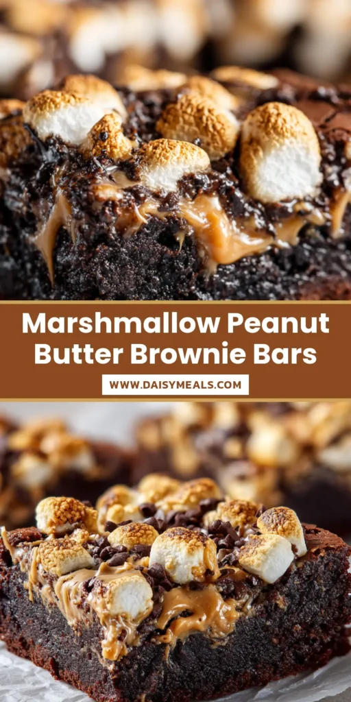 A close-up of thick Marshmallow peanut butter brownies showing a dense, dark chocolate fudgy brownie base, toasted golden-brown mini marshmallows, and melted creamy peanut butter swirls.