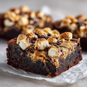 Close-up shot of a thick, fudgy chocolate brownie bar square, generously topped with a layer of gooey, lightly toasted golden-brown mini marshmallows and thick, glossy swirls of creamy peanut butter. (Marshmallow peanut butter brownies)