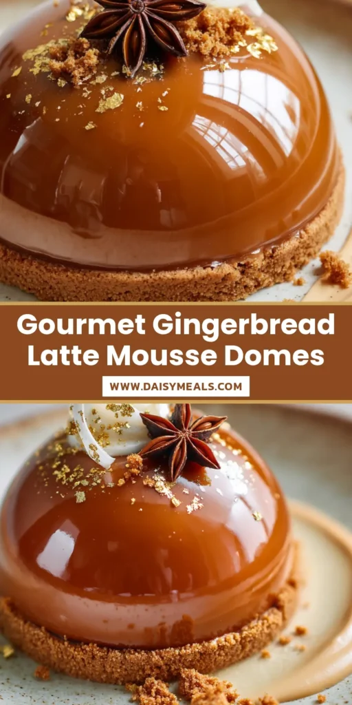 A glossy gingerbread latte mousse dome dessert on a rustic plate, featuring a flawless caramel-brown mirror glaze and gold leaf.