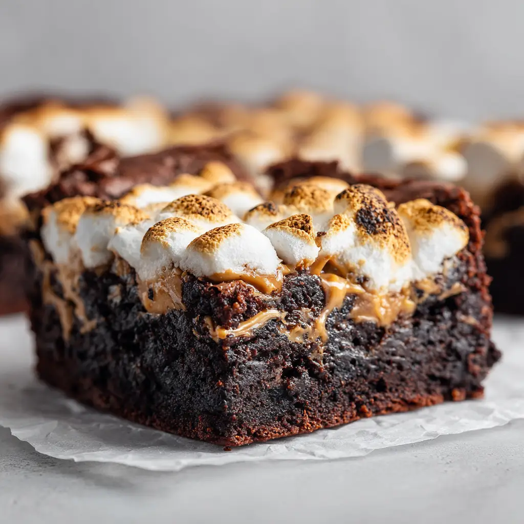 Decadent Marshmallow peanut butter brownies served on a piece of crinkled white parchment paper in soft natural daylight.