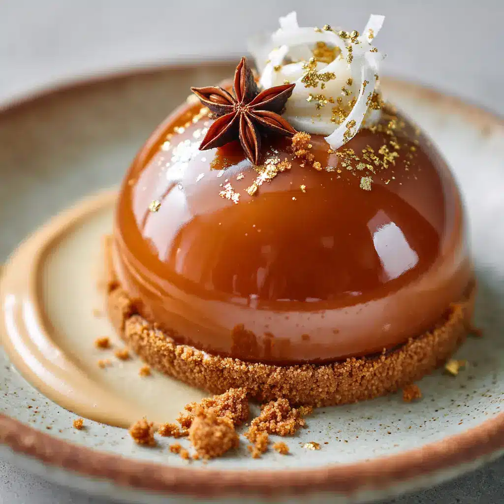 A spectacular entremet dessert plate featuring a glossy spiced mousse dome resting on a thin, crumbly speculoos cookie base.