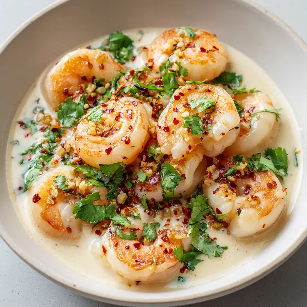 Overhead shot of Creamy Garlic Coconut Shrimp in a shallow matte white ceramic bowl, garnished with chopped cilantro and red pepper flakes.