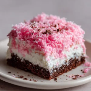 Close-up of a dense, dark baked chocolate cake base layered with thick, fluffy white marshmallow cream frosting and bright pink dyed shredded coconut.