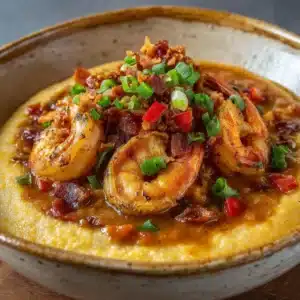 Close-up of plump pan-seared pink shrimp over thick yellow cheesy grits with crumbled crispy bacon and green scallions. (Shrimp and Grits Recipe)