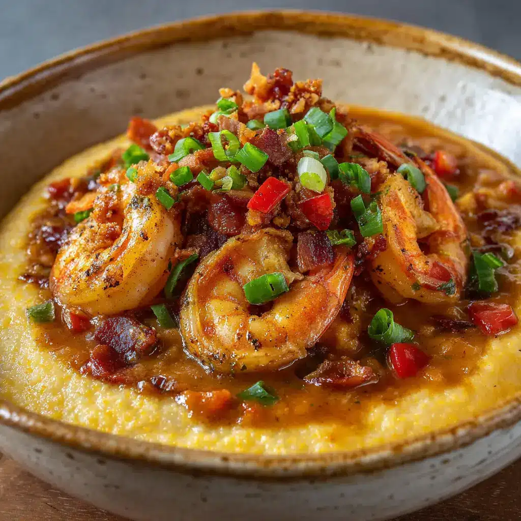 Close-up of plump pan-seared pink shrimp over thick yellow cheesy grits with crumbled crispy bacon and green scallions. (Shrimp and Grits Recipe)