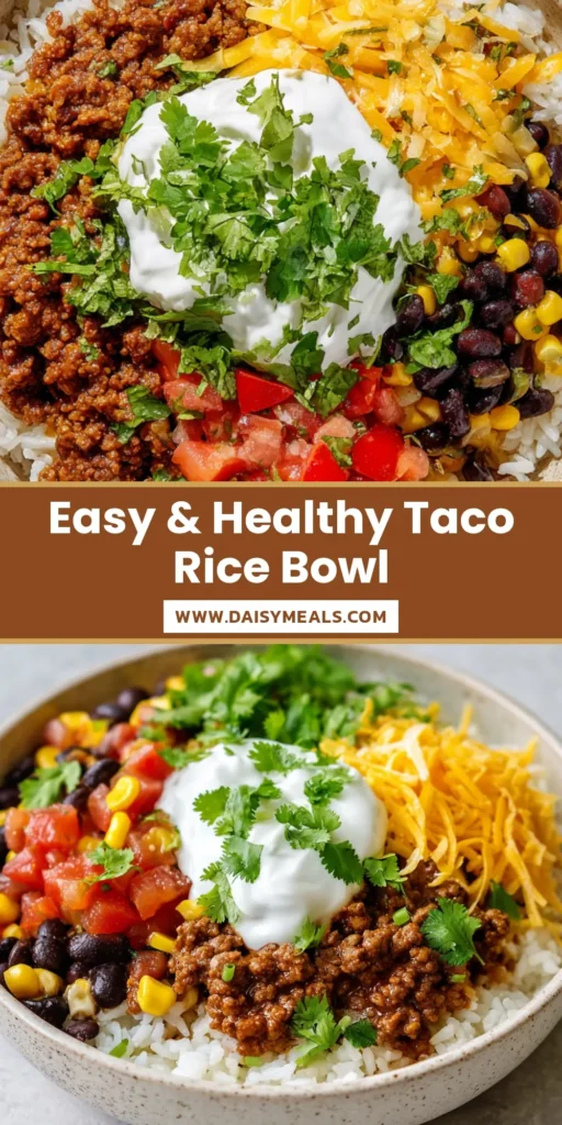 A shallow ceramic bowl filled with a base of cooked fluffy white rice, topped with taco-seasoned ground beef, glossy black beans, charred yellow corn, diced vibrant red Roma tomatoes, thick shreds of yellow cheddar cheese, and sour cream.