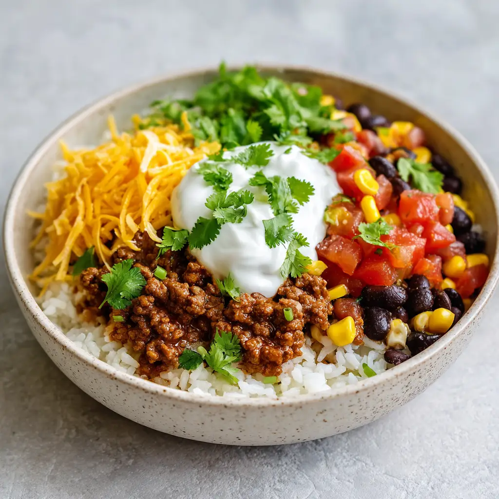 Overhead view of a beautifully assembled Taco Rice Bowl in a ceramic dish with distinct ingredient sections.