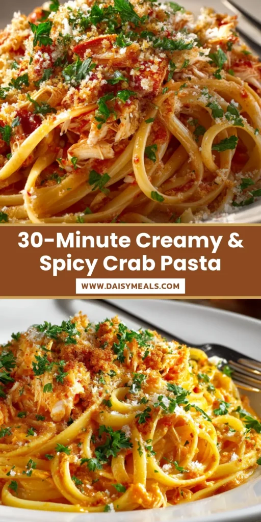 A tight close-up shot of a serving of spicy crab pasta on a white plate, tossed in a vibrant tomato cream sauce with generous flakes of crab meat.