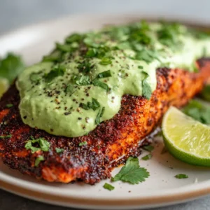 Flaky pink Baked Cajun Salmon fillet on a white plate showing a dark red-orange Cajun spice crust with charred edges.