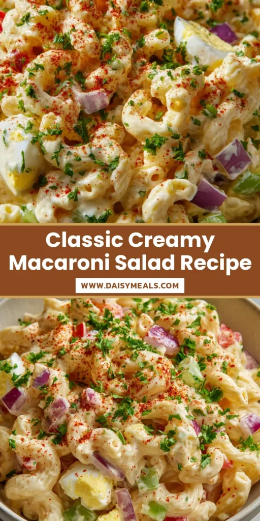 A close-up of a classic creamy Macaroni Salad garnished with red paprika and fresh parsley in a round ceramic bowl.