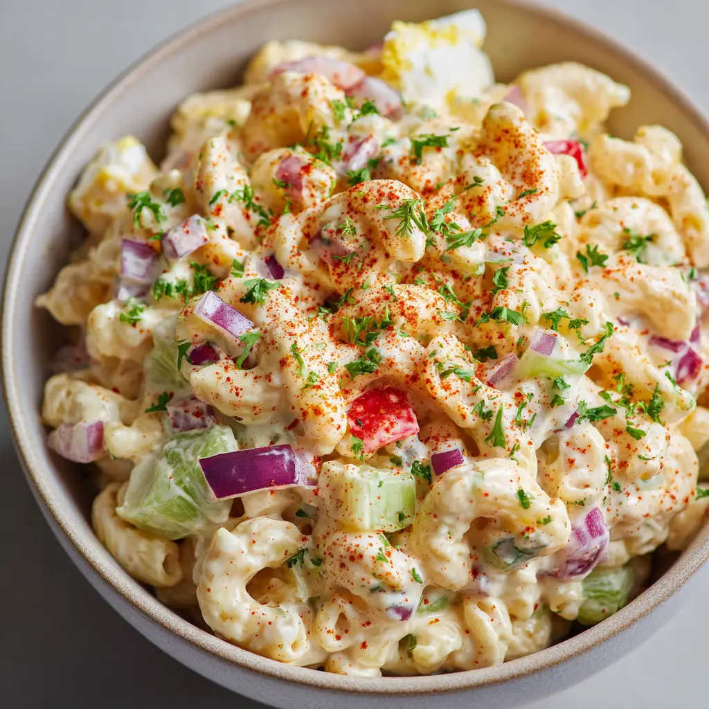 Deli-style macaroni salad with distinct chunks of hard-boiled eggs and crisp red onions mixed throughout.