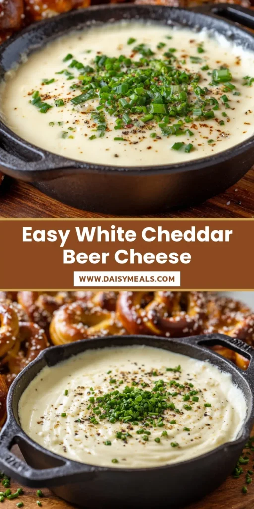A rustic black cast iron skillet filled with smooth, bubbling creamy White Cheddar Beer Cheese, garnished with fresh chives and served with soft pretzels.