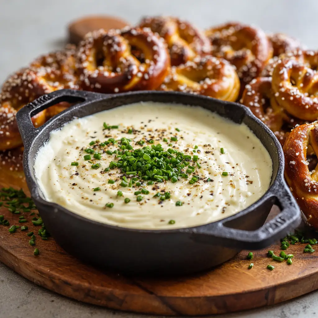 Close up of golden-brown soft pretzel bites sprinkled with coarse sea salt next to bubbling white cheddar beer cheese.