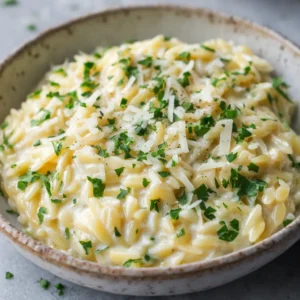 Close-up overhead shot of creamy garlic parmesan orzo in a rustic ceramic bowl surrounded by a thick, glossy white cream sauce.