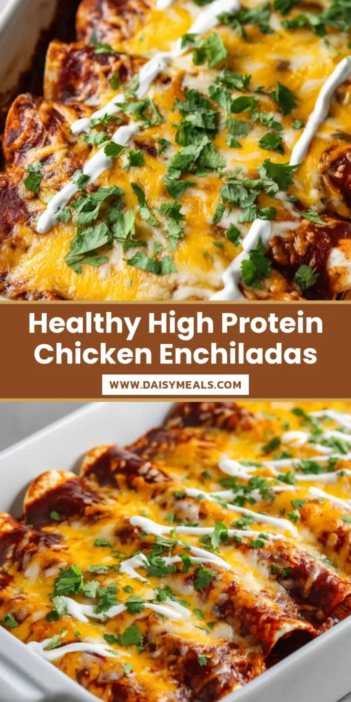 High Protein Chicken Enchiladas: A Saucy, Cheesy Masterpiece 4 A rectangular white ceramic baking dish filled with High Protein Chicken Enchiladas, covered in vibrant dark red sauce and bubbly, golden melted cheddar and Monterey Jack cheese, garnished with cilantro and sour cream.
