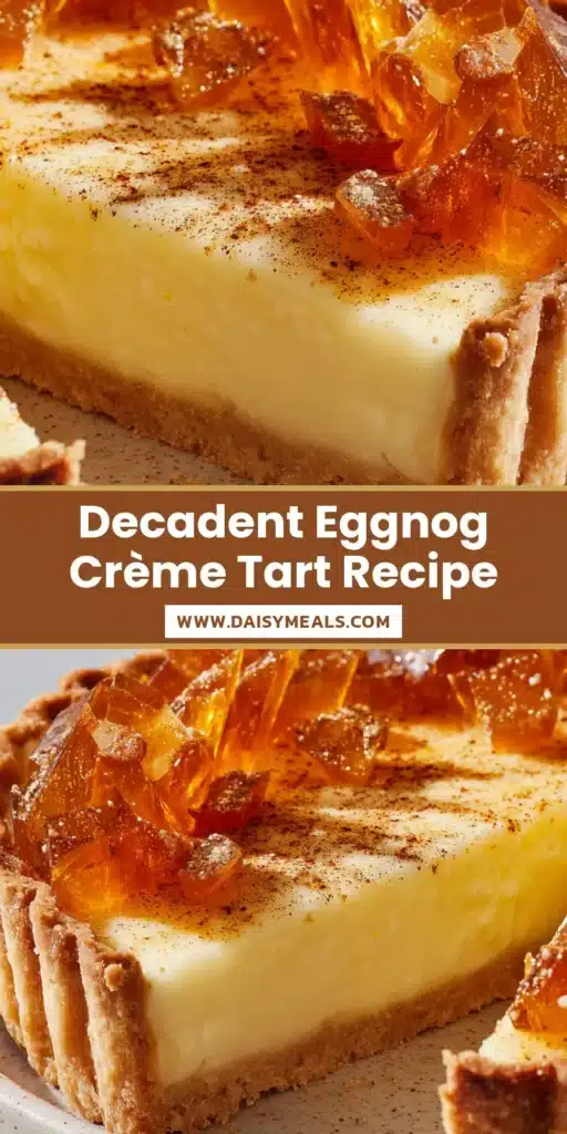 A spectacular Eggnog Crème Tart with translucent amber caramel shards and a golden brown fluted crust.
