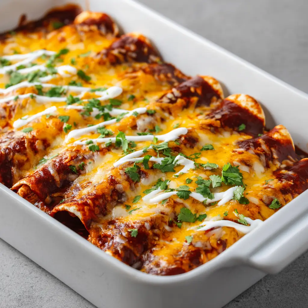 High Protein Chicken Enchiladas: A Saucy, Cheesy Masterpiece 2 Close up shot of rolled corn tortillas filled with shredded chicken breast and black beans, heavily draped in dark red enchilada sauce.