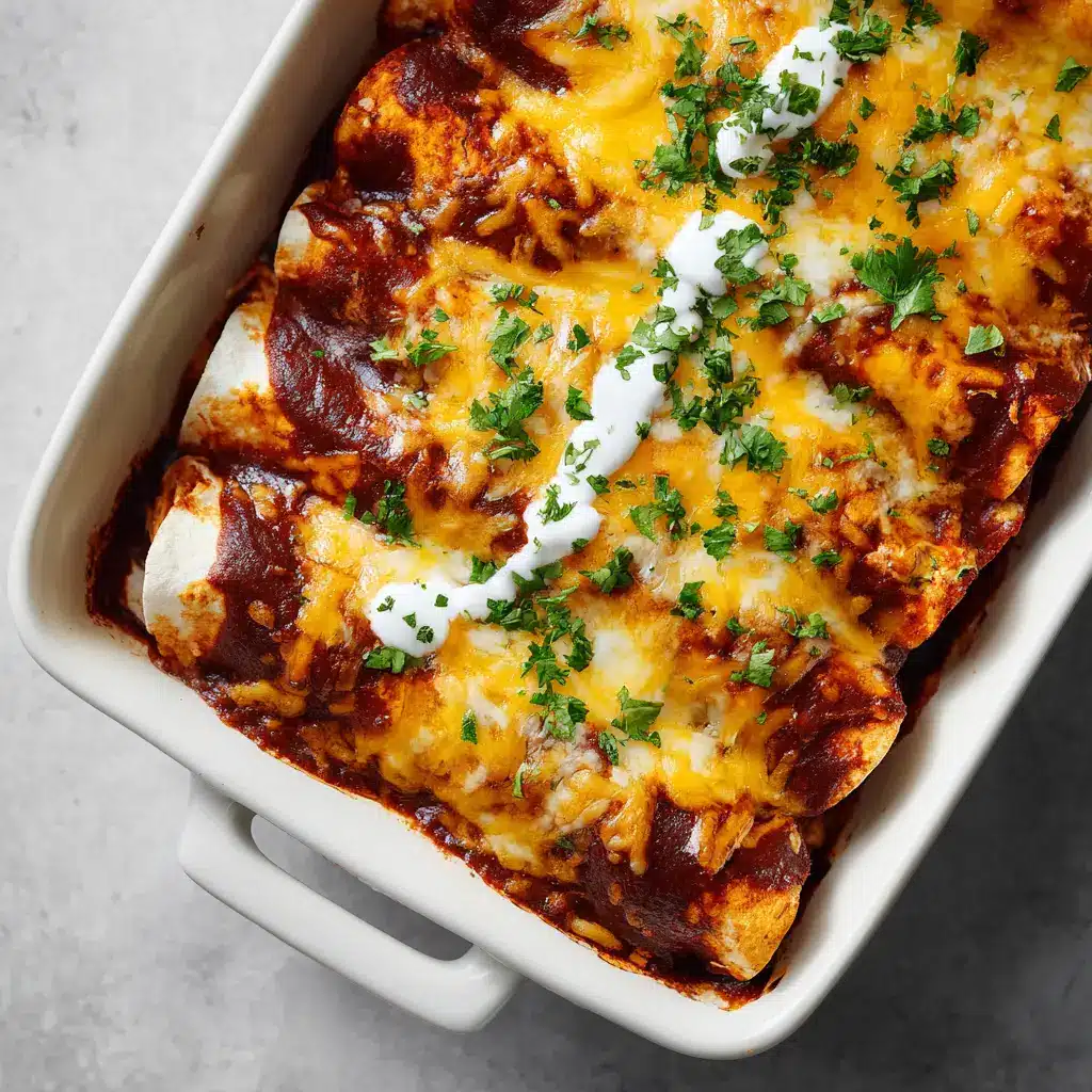 High Protein Chicken Enchiladas: A Saucy, Cheesy Masterpiece 1 Melted bubbly yellow cheddar and white Monterey Jack cheese slightly charred and golden in spots over dark red enchilada sauce, garnished with fresh cilantro and a sour cream drizzle.