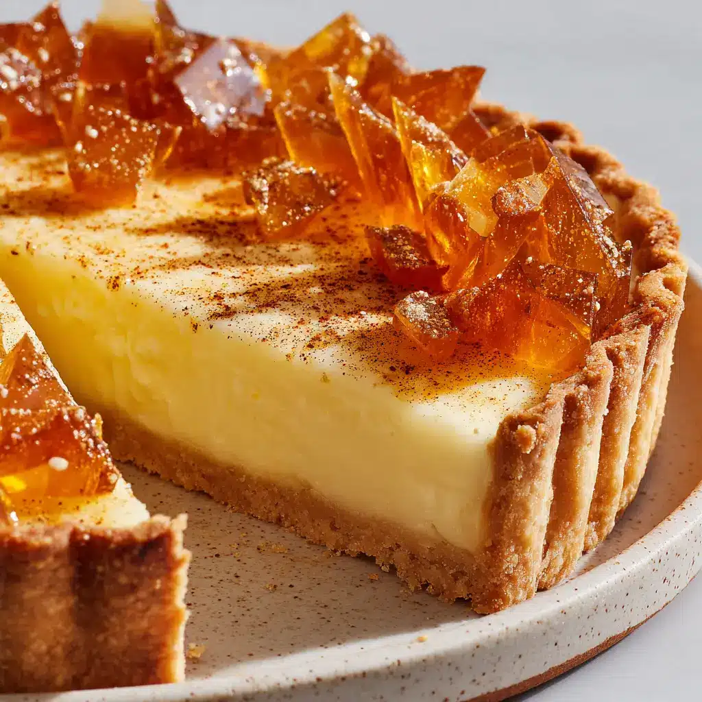 A close up shot of a sliced eggnog creme tart on a round ceramic dessert plate featuring a smooth creamy pale yellow spiced custard.
