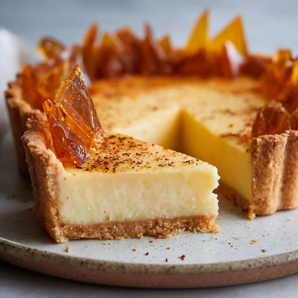 Tall jagged translucent amber caramel shards standing upright on an Eggnog Crème Tart.