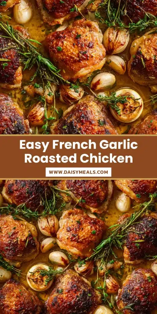 Overhead view of French Garlic Chicken thighs in a dark rustic baking pan featuring golden blistered skin, soft caramelized garlic cloves, fresh herbs, and golden pan juices.