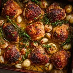 Close up of bone-in skin-on chicken thighs with deeply golden, crispy, blistered skin and charred edges surrounded by roasted garlic and oil-slicked thyme and rosemary.