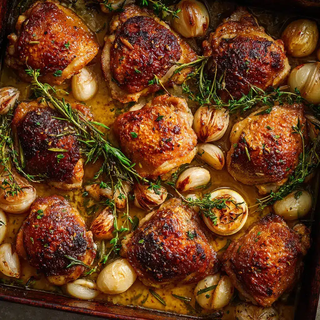 A shallow pool of glistening, translucent golden savory pan juice sits at the base of the pan under roasted chicken thighs and charred lemon slices.