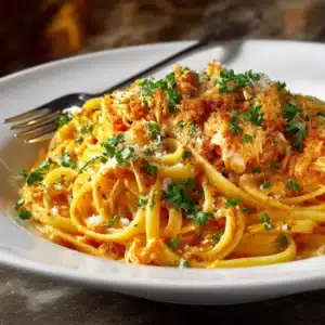 Top view of linguine pasta on a bright white plate, coated in a rich tomato cream sauce with large flakes of lump crab meat, garnished with finely grated parmesan, breadcrumbs, and fresh parsley.
