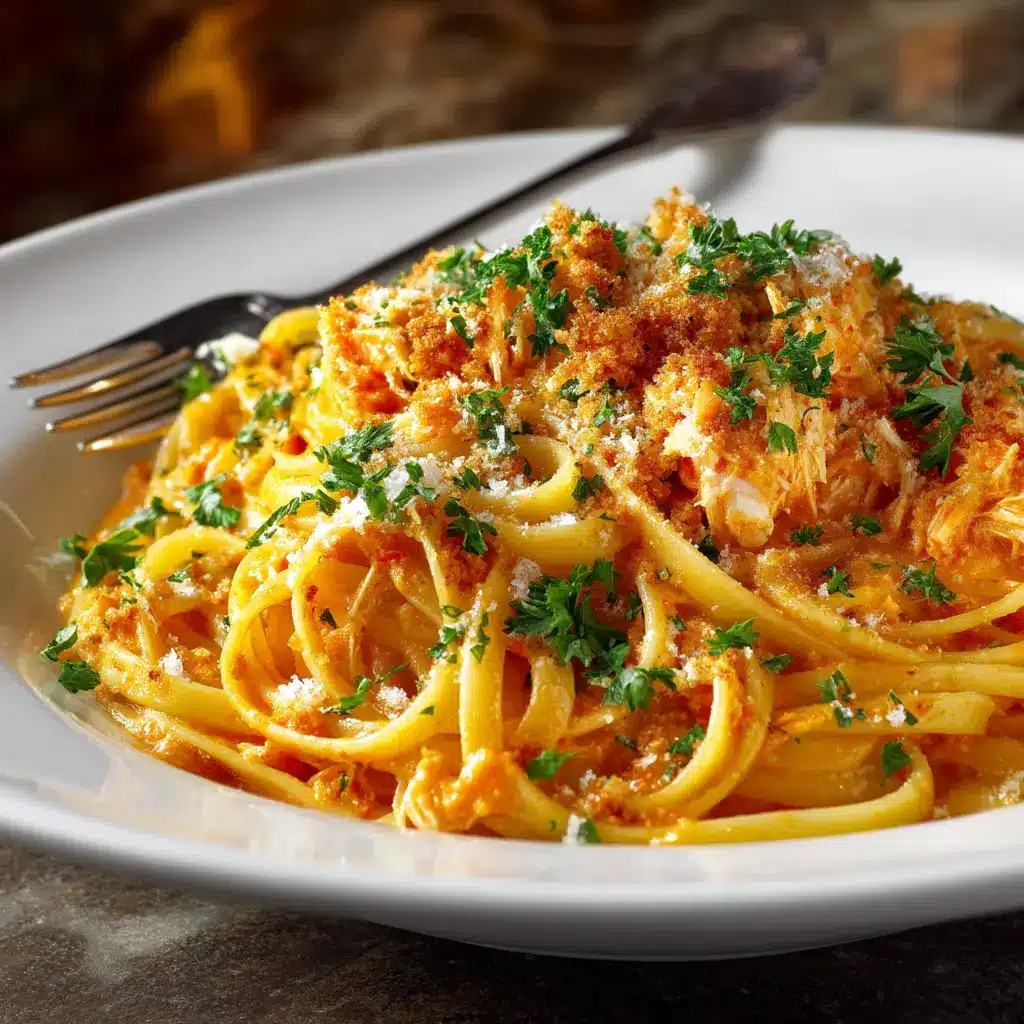 Top view of linguine pasta on a bright white plate, coated in a rich tomato cream sauce with large flakes of lump crab meat, garnished with finely grated parmesan, breadcrumbs, and fresh parsley.