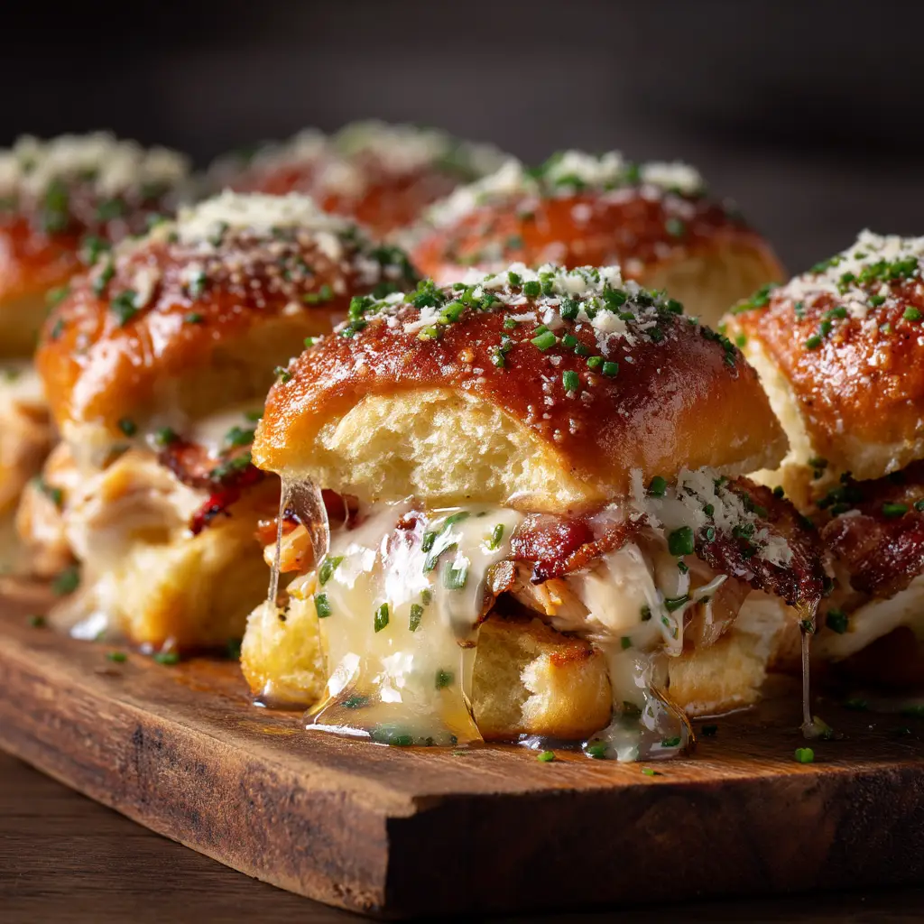 Golden-brown Hawaiian rolls coated in a glistening maple glaze with visible crispy bacon and chopped chives.