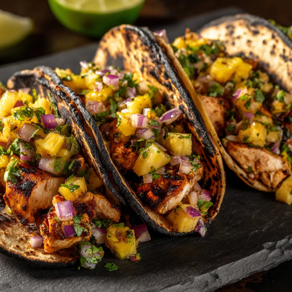 A hyper-detailed display of fresh taco ingredients including diced pineapple, red onion, cilantro, and marinated chicken.