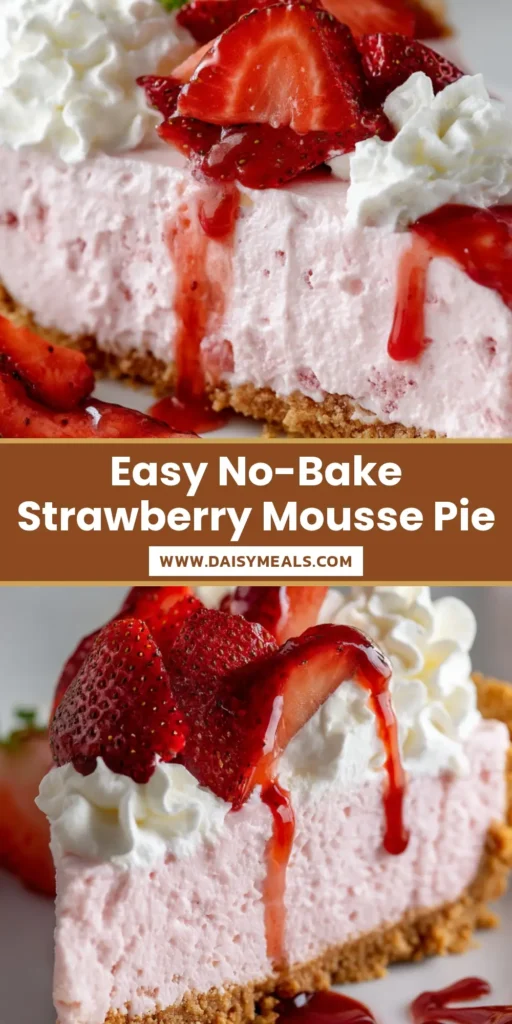 The Ultimate Strawberry Mousse Pie Recipe 3 A close-up vertical shot of a delicious slice of strawberry mousse pie showing a thick graham cracker crust and airy pink mousse, topped with whipped cream and fresh strawberries.