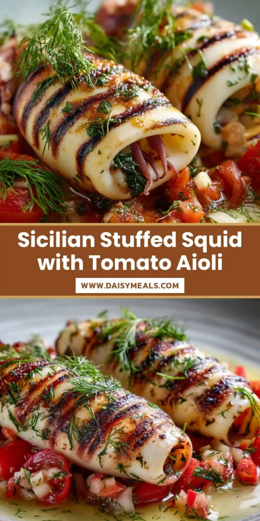 A rustic plate featuring two plump grilled Sicilian stuffed squid tubes over diced fresh tomatoes and broth, garnished with fresh dill.
