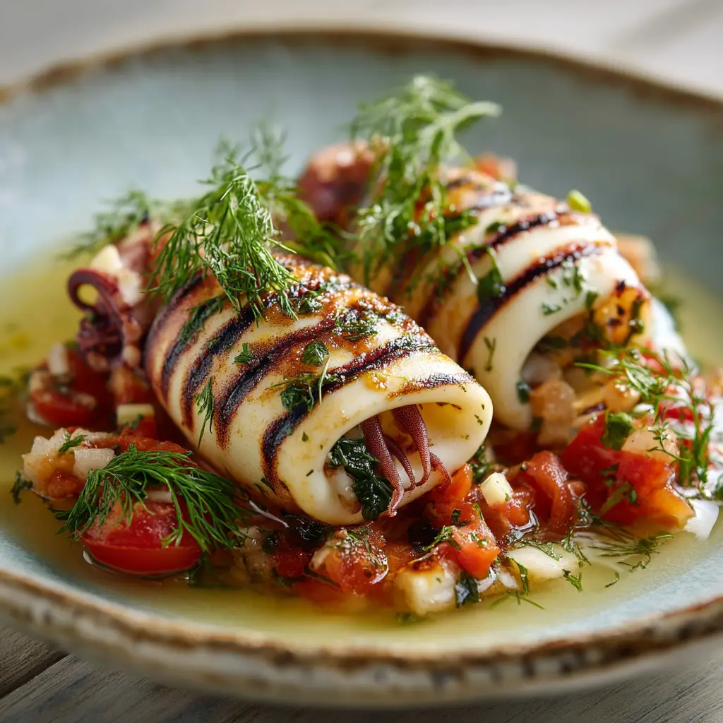 Grilled Sicilian stuffed squid sitting on a bed of fresh diced tomatoes and light broth, topped with dill on a light gray ceramic plate.