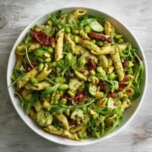 Ingredients for vegan pesto pasta salad including penne, basil, cucumbers, arugula, edamame, and sun-dried tomatoes.