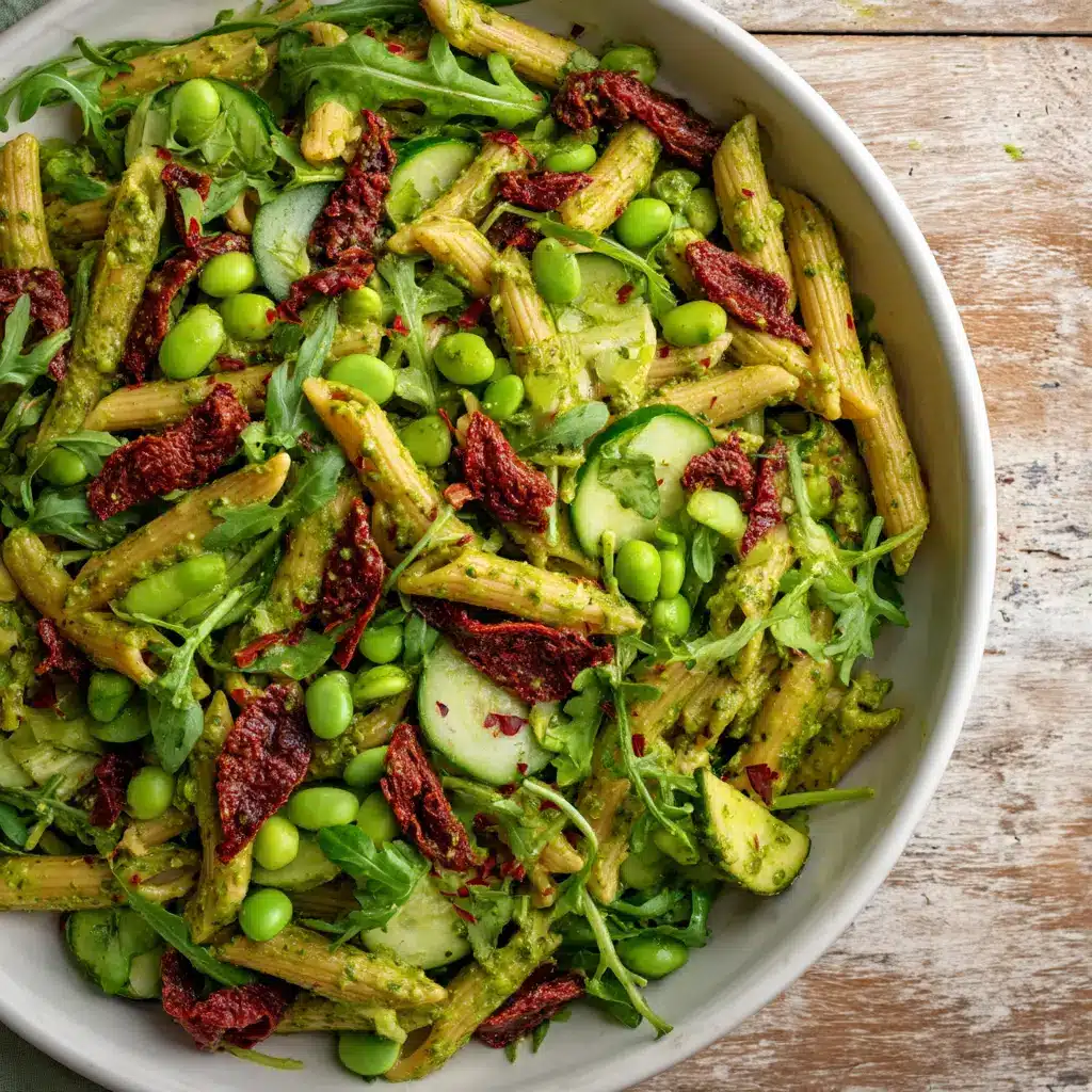 Penne pasta generously coated in a bright green vegan pesto mixed with peas and sun-dried tomatoes.