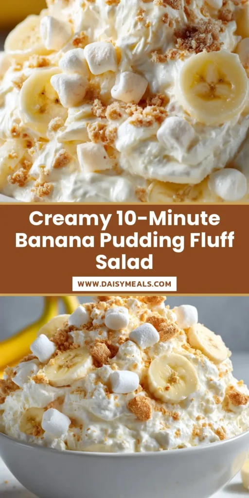 The Ultimate Creamy Banana Pudding Fluff Salad 3 A close-up of creamy Banana Pudding Fluff Salad piled high in a shallow white ceramic bowl, loaded with mini marshmallows, chunks of banana pudding, fresh banana slices, and crushed vanilla wafers.