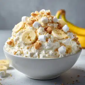 Ingredients for Banana Pudding Fluff Salad including heavy cream, marshmallows, vanilla wafers, and fresh bananas.